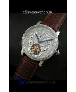Cartier Ronde de Tourbillon Japanese Replica Diamond Watch in Brown Strap