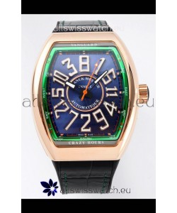 Franck Muller Vanguard Crazy Hours in Rose Gold Plating - Steel Blue Dial Swiss Replica Watch 