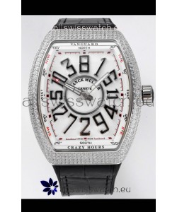Franck Muller Vanguard Crazy Hours in Stainless Steel Diamonds - White Dial Swiss Replica Watch 